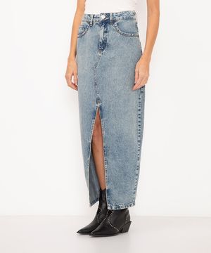 saia jeans midi com fenda cintura alta azul