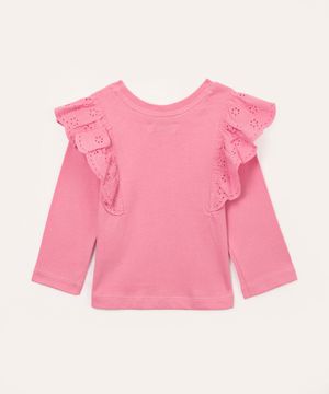 blusa infantil manga longa babado laise pink