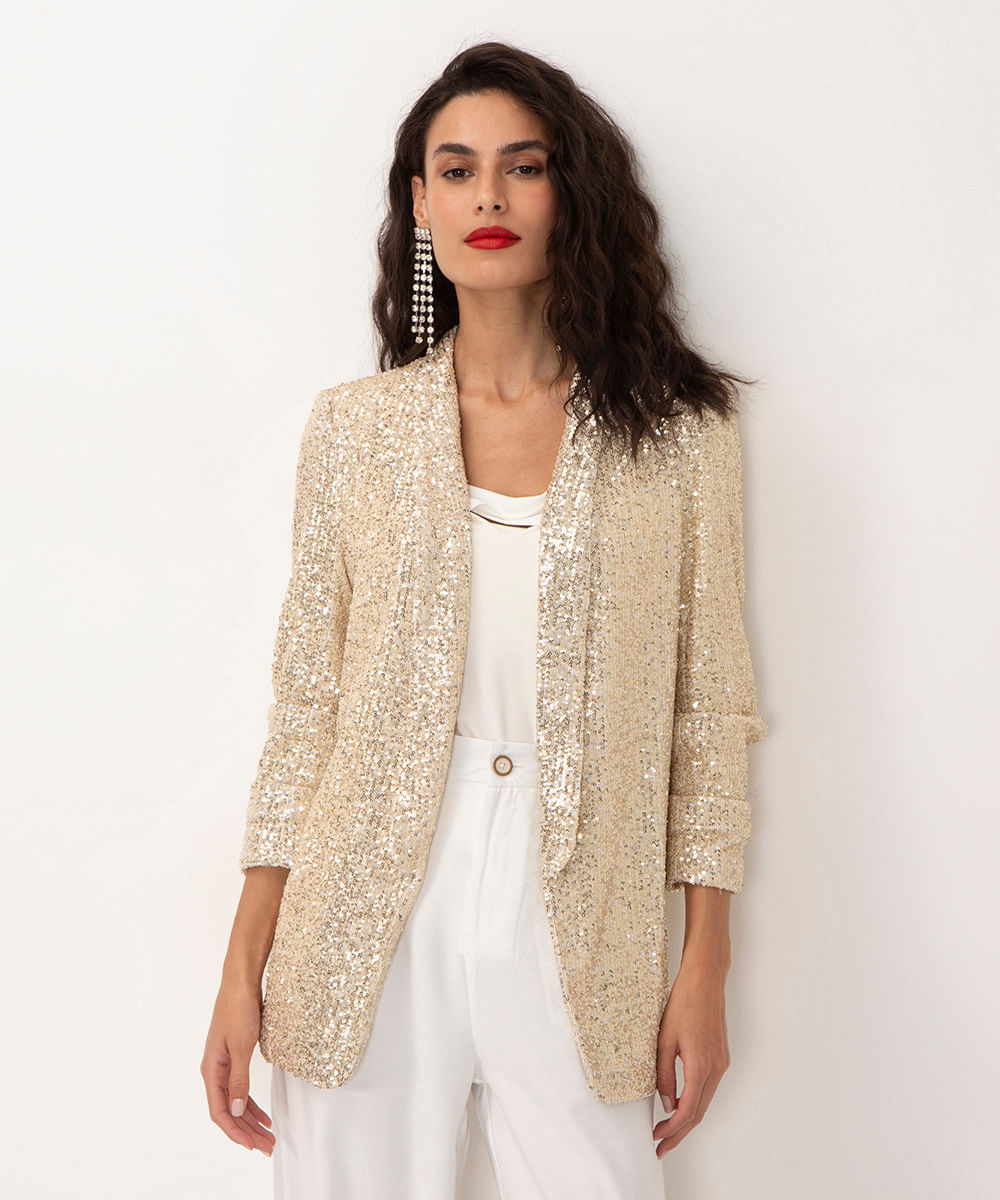 blazer de paetê manga franzida dourado