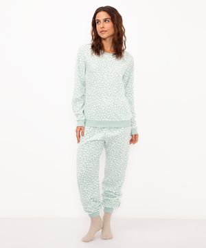 pijama de fleece poá manga longa verde claro