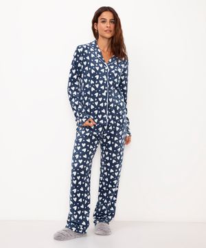 pijama americano de fleece corações azul marinho