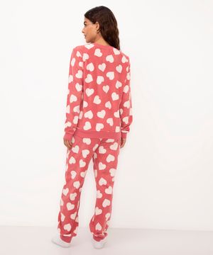 pijama de fleece corações manga longa rosê
