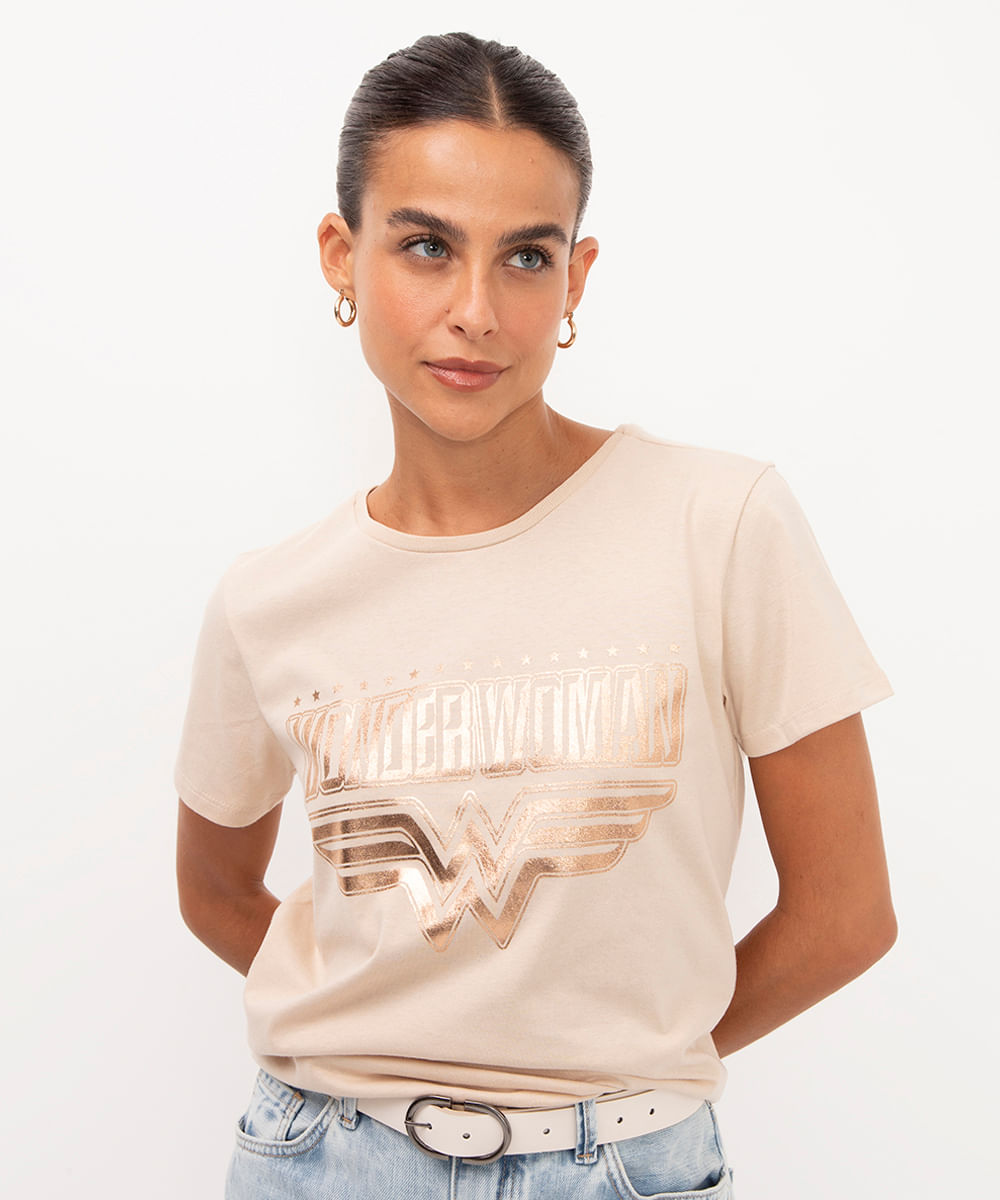 camiseta de algodão mulher maravilha bege