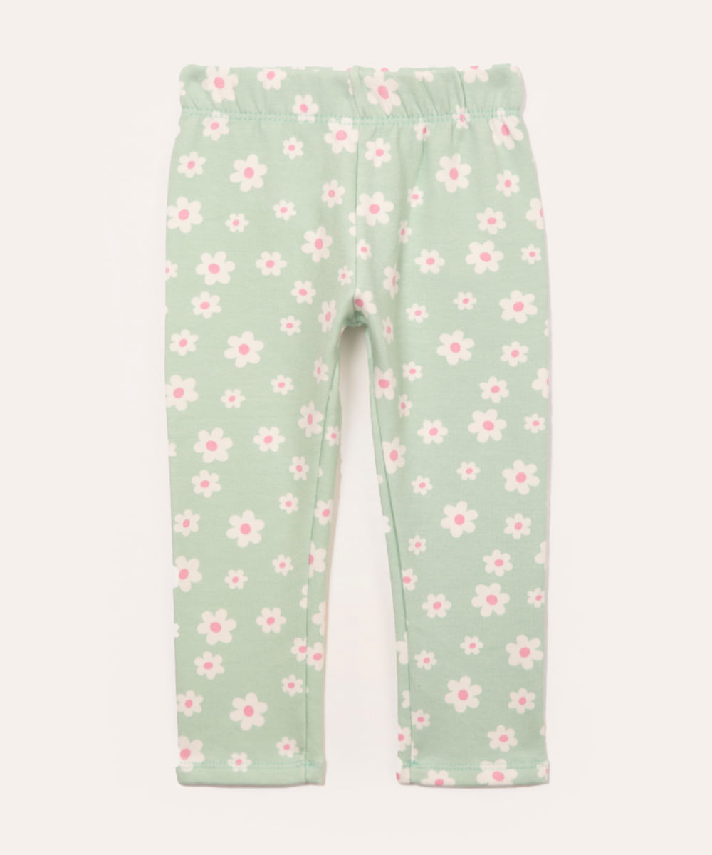 calça legging infantil forrada felpuda floral verde