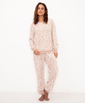pijama de fleece animal print onça manga longa off white