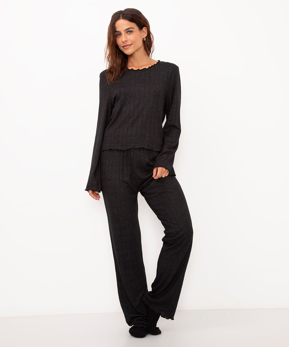 pijama de viscose canelada manga longa preto
