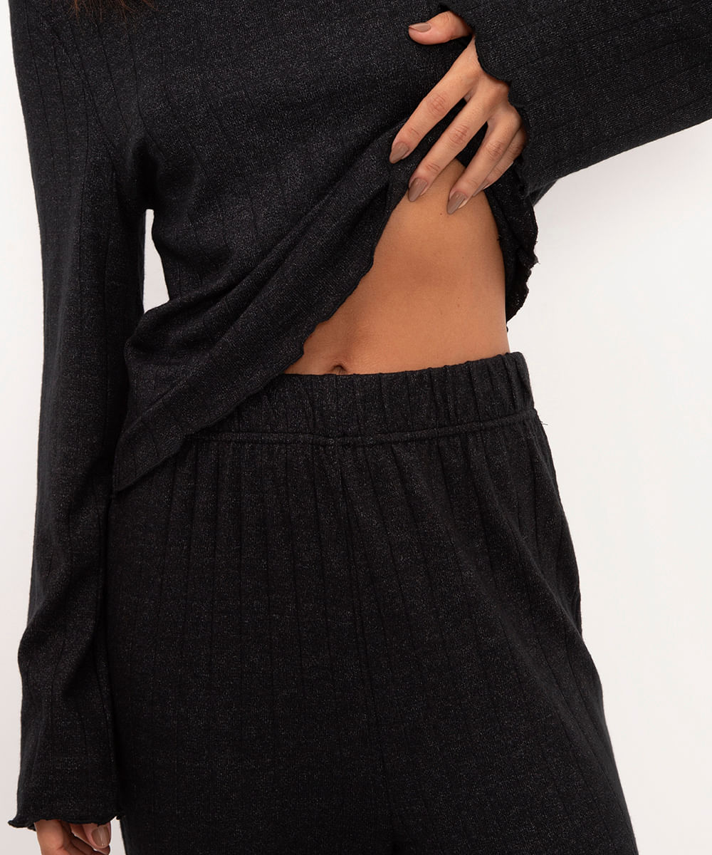 pijama de viscose canelada manga longa preto