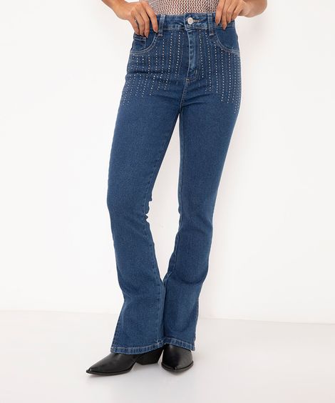 calça jeans reta com brilho cintura alta sawary azul