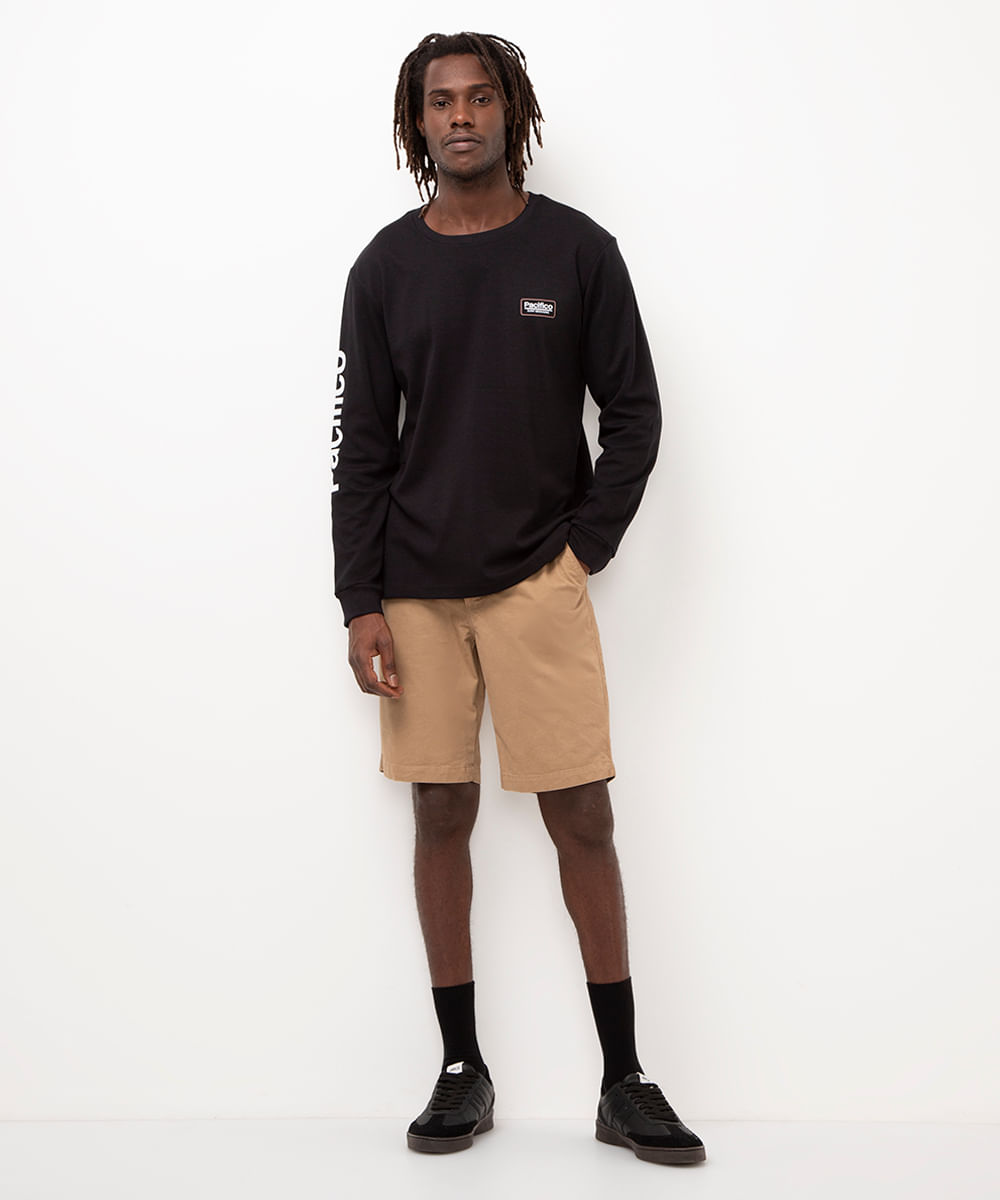 camiseta manga longa estampada pacifico surf preto