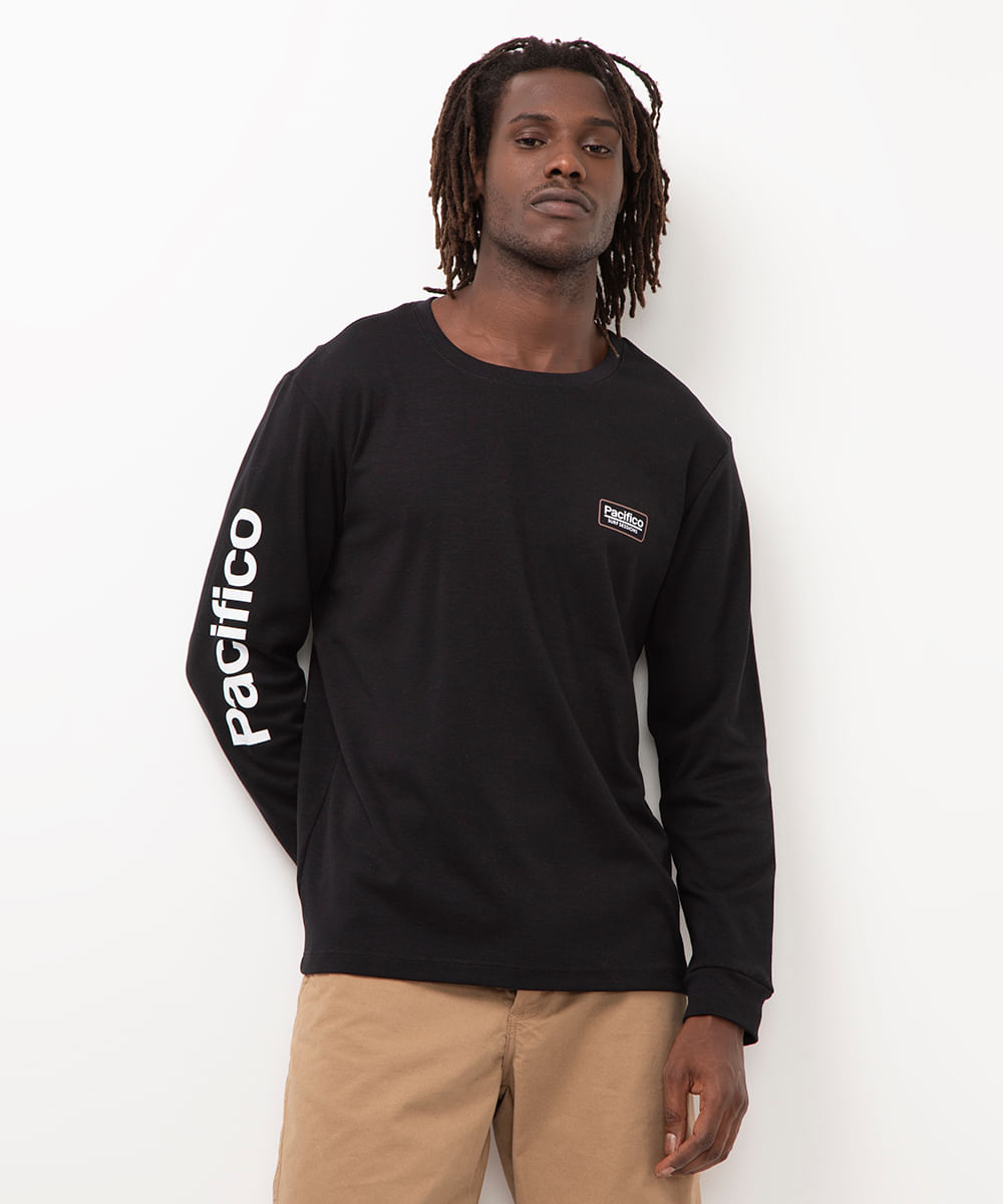 camiseta manga longa estampada pacifico surf preto