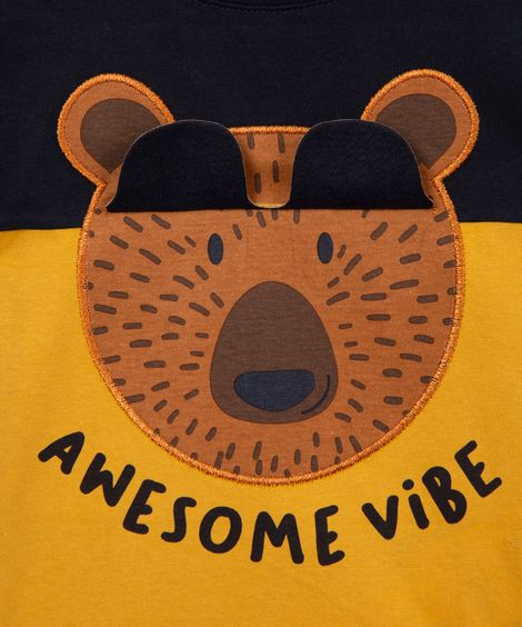 camiseta de algodão infantil urso interativo azul marinho