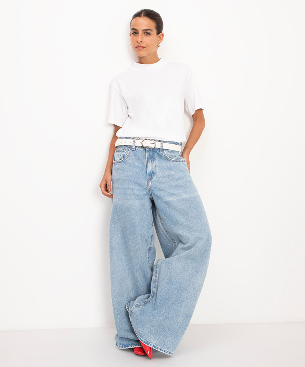 camiseta de algodão básica manga curta gola alta - off white