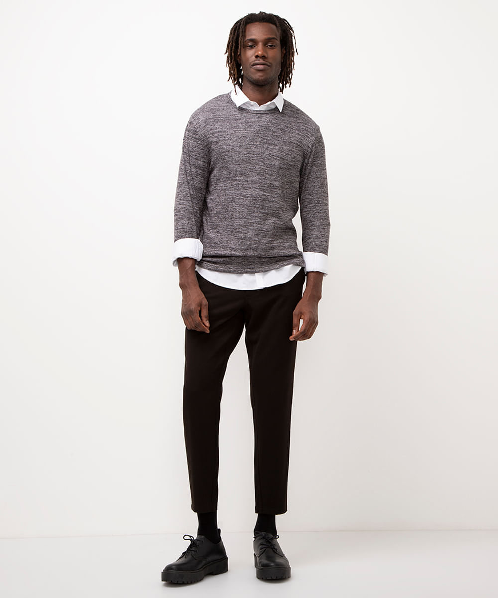 blusa de tricot slim fit manga longa  cinza mescla