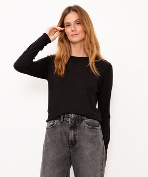 suéter de tricot manga longa básico preto