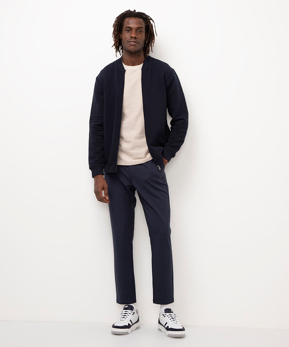 cardigan de moletom canelado azul marinho