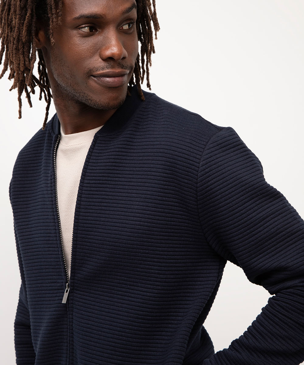 cardigan de moletom canelado azul marinho
