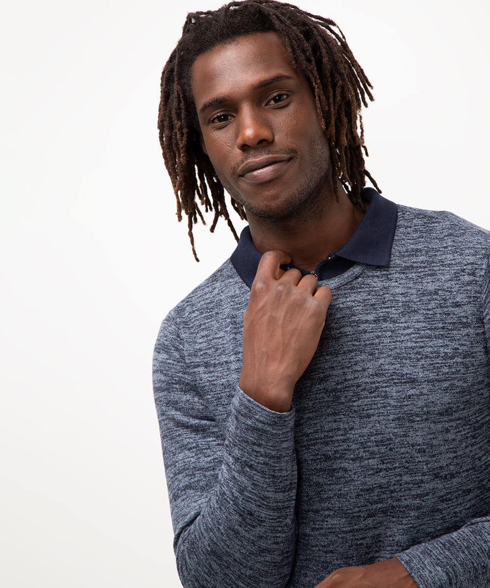 blusa de tricot slim fit manga longa azul