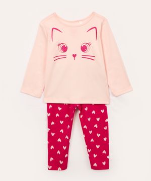 conjunto infantil longo gatinho rosa