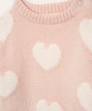 suéter de tricot corações manga longa rosa claro