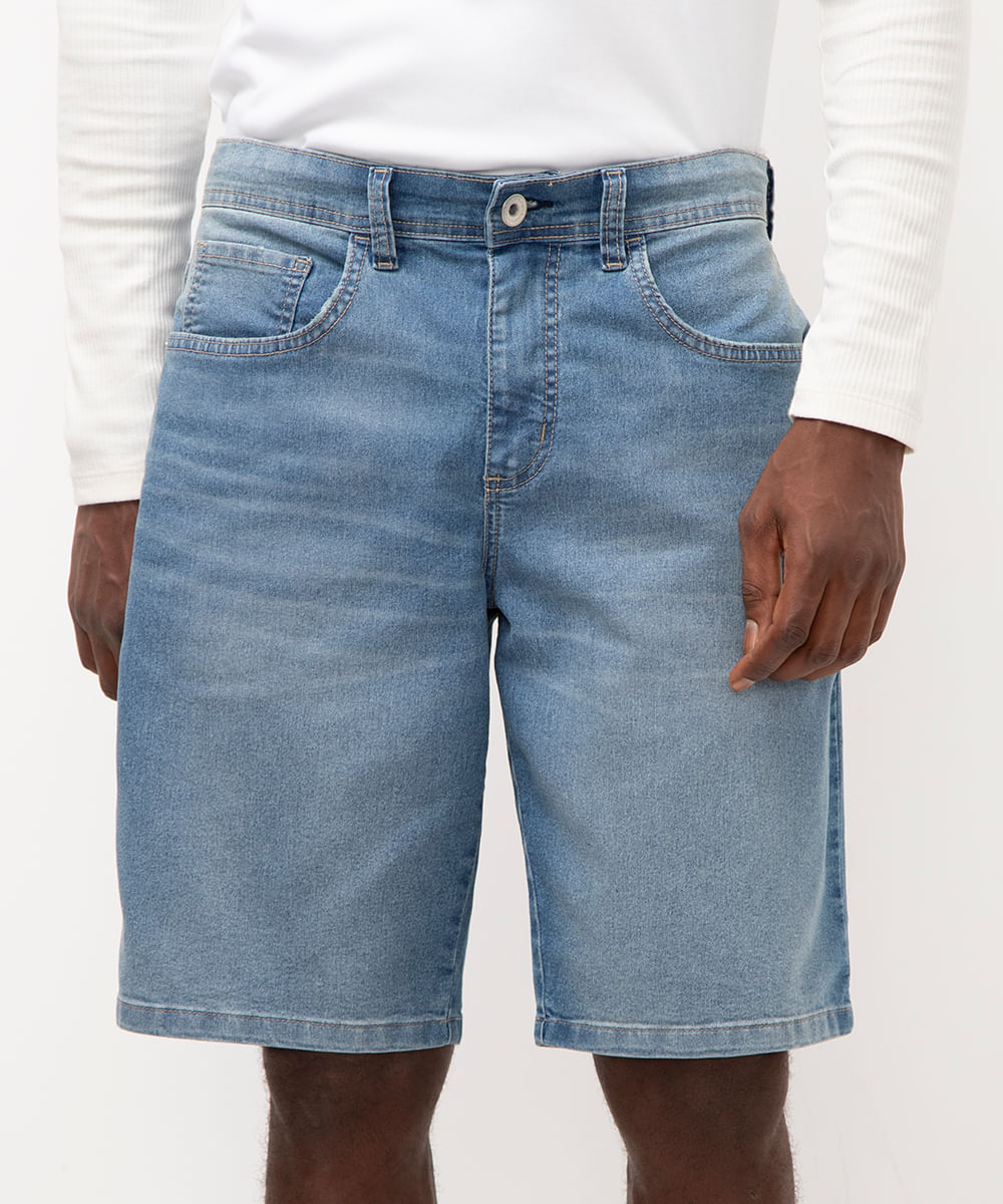 bermuda jeans reta com bolsos azul
