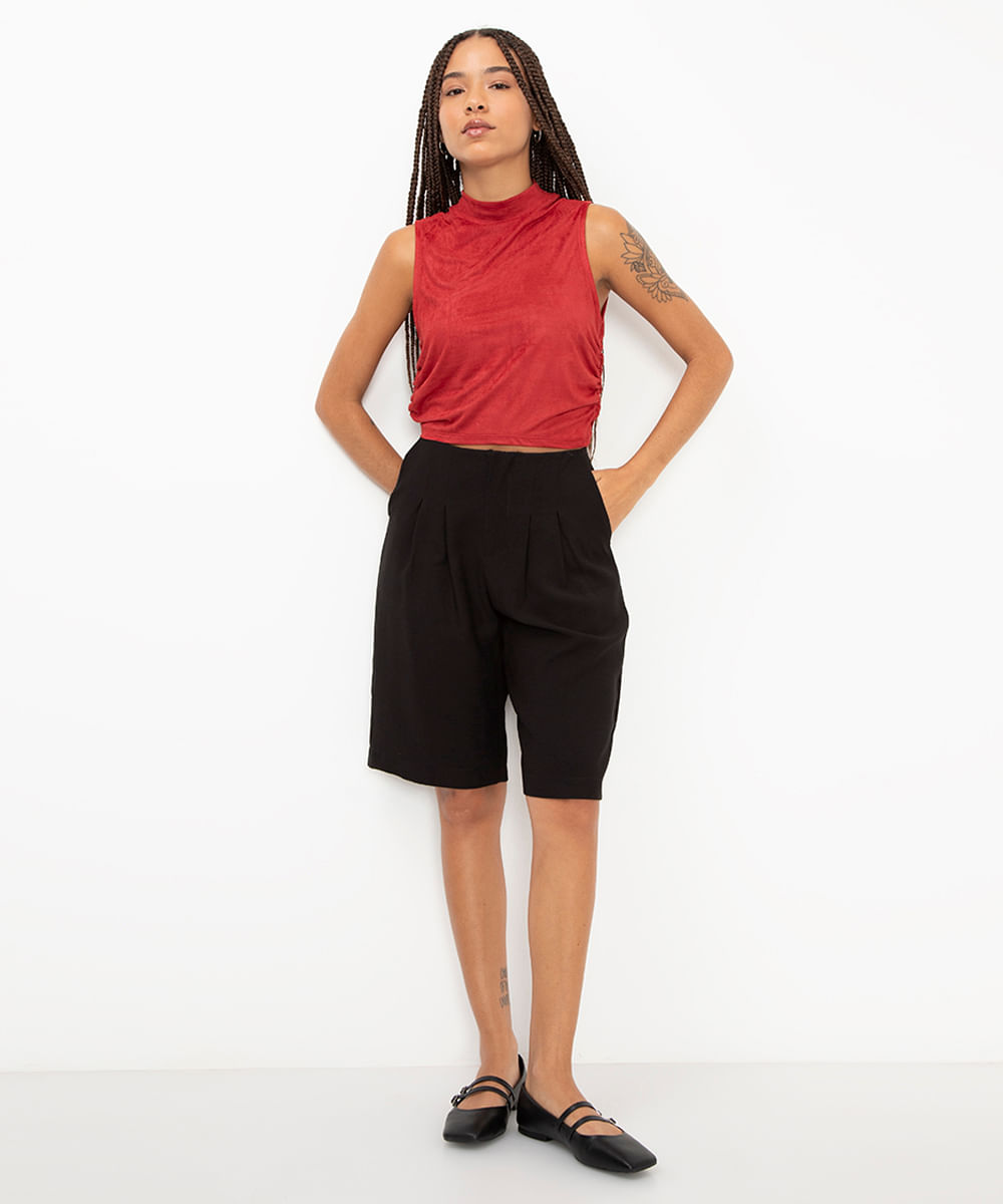 cropped de suede com franzido vinho