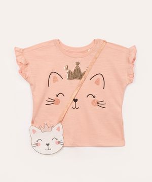 blusa infantil gatinha com bolsa rosa