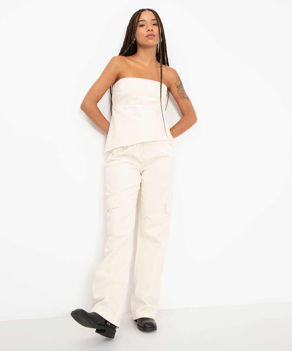 calça de sarja wide leg cargo cintura alta bege