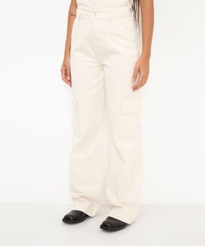 calça de sarja wide leg cargo cintura alta bege