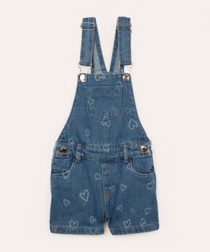 jardineira jeans infantil corações azul