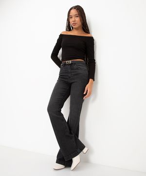 calça jeans flare cintura alta preta