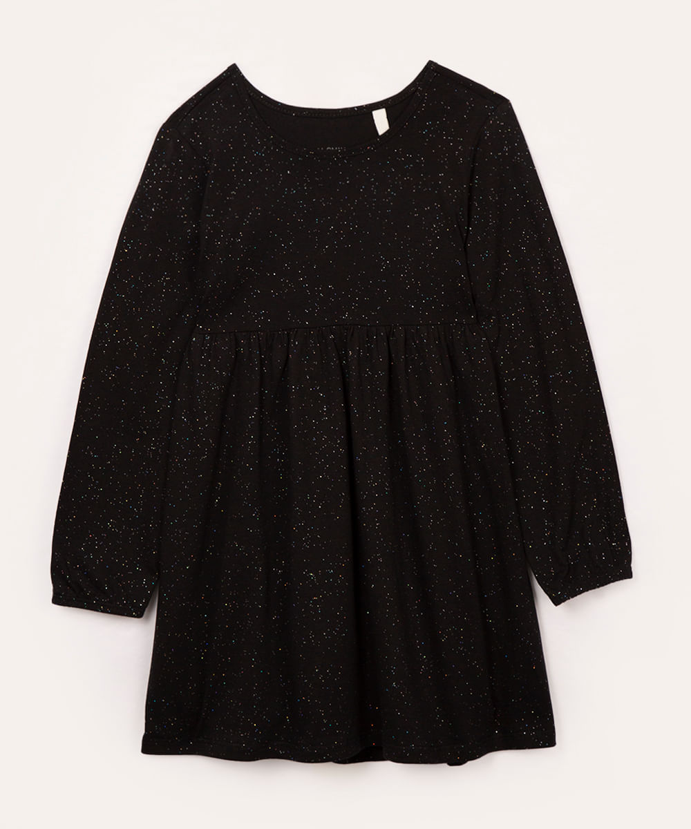 vestido infantil manga longa glitter preto