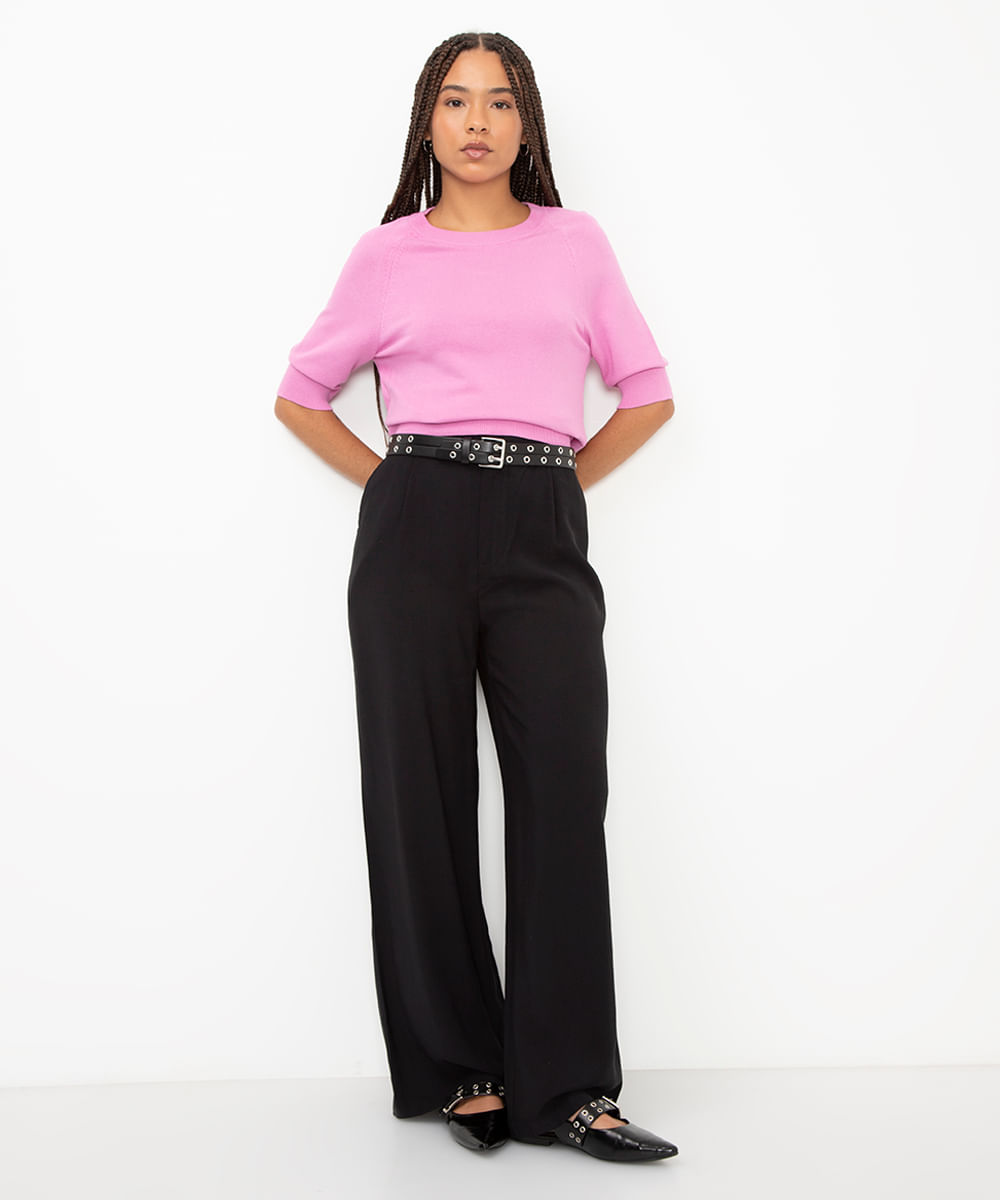 blusa de tricot com recorte rosa