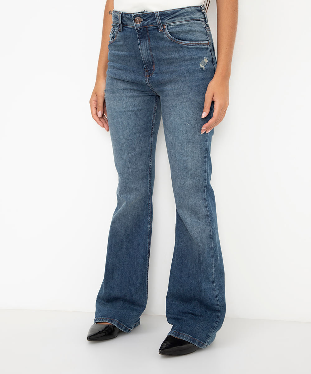 calça jeans flare cintura alta azul