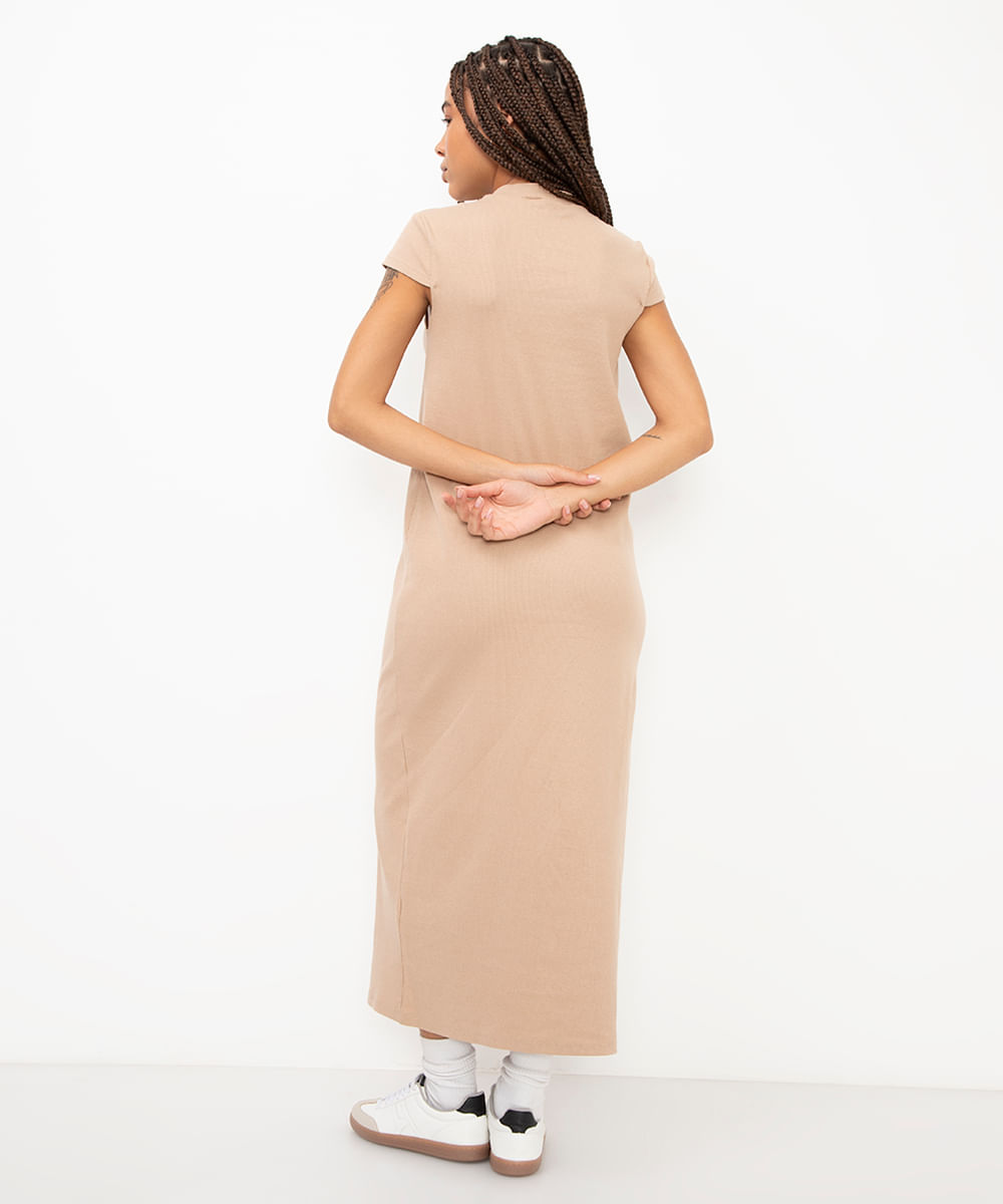 vestido midi de algodão canelado básico bege