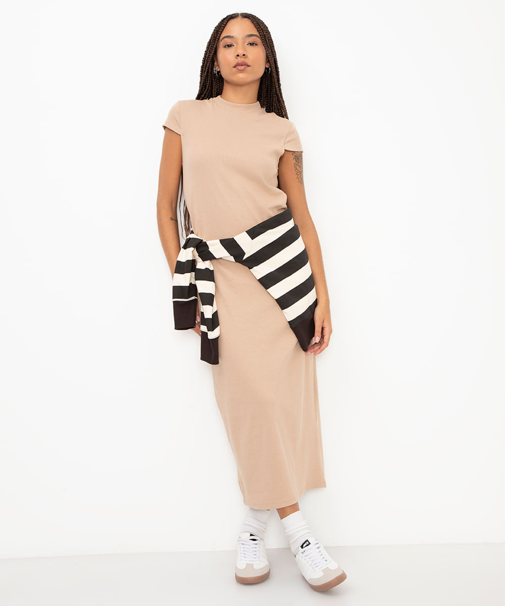 vestido midi de algodão canelado básico bege