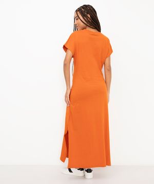 vestido de algodão longo com fenda laranja