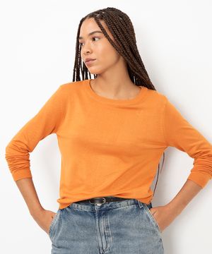 suéter de tricot manga longa básico laranja