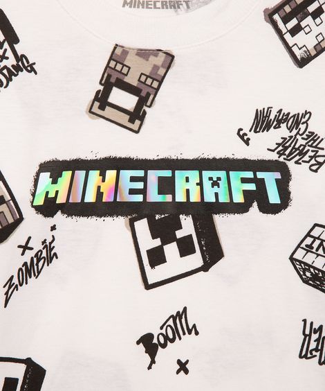camiseta infantil manga longa minecraft holográfico branco