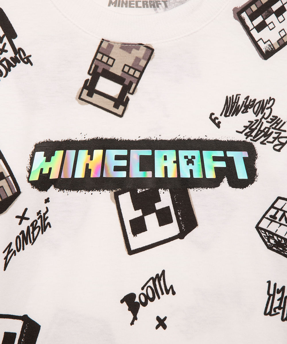 camiseta infantil manga longa minecraft holográfico branco