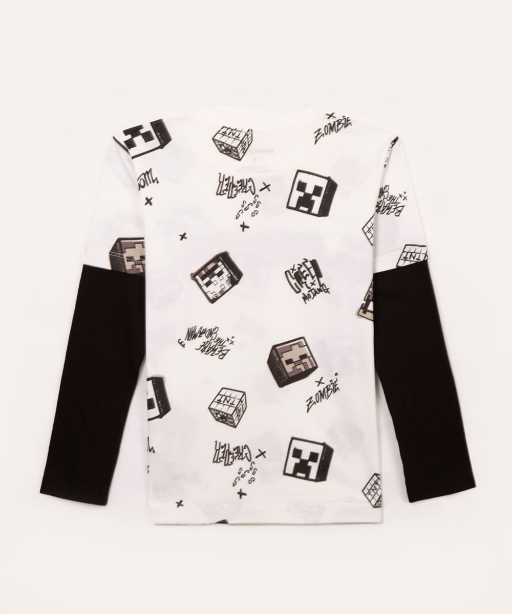 camiseta infantil manga longa minecraft holográfico branco