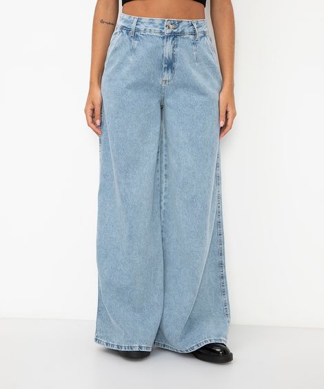 calça jeans super wide leg cintura alta azul claro