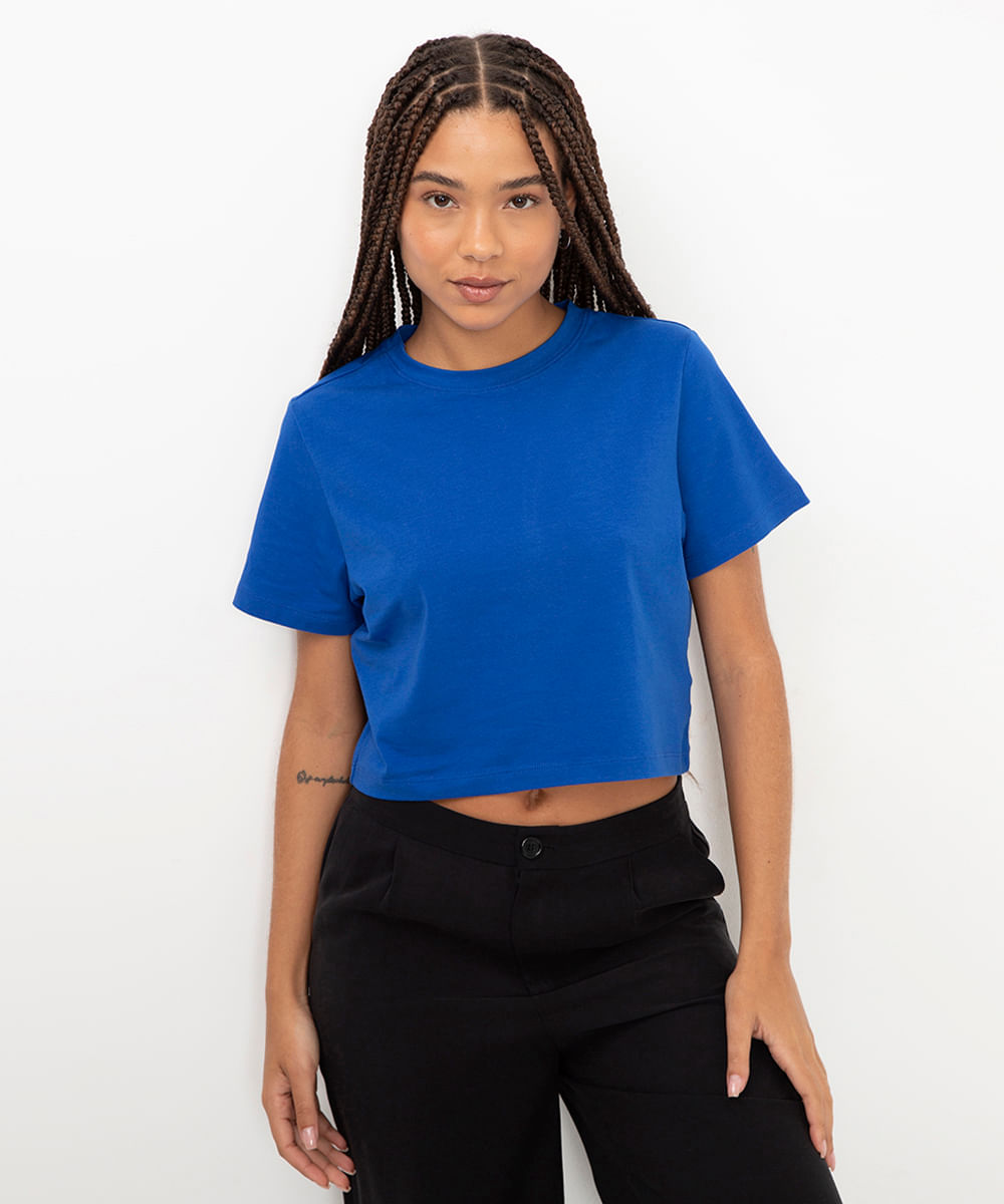 blusa baby look de algodão peruano azul