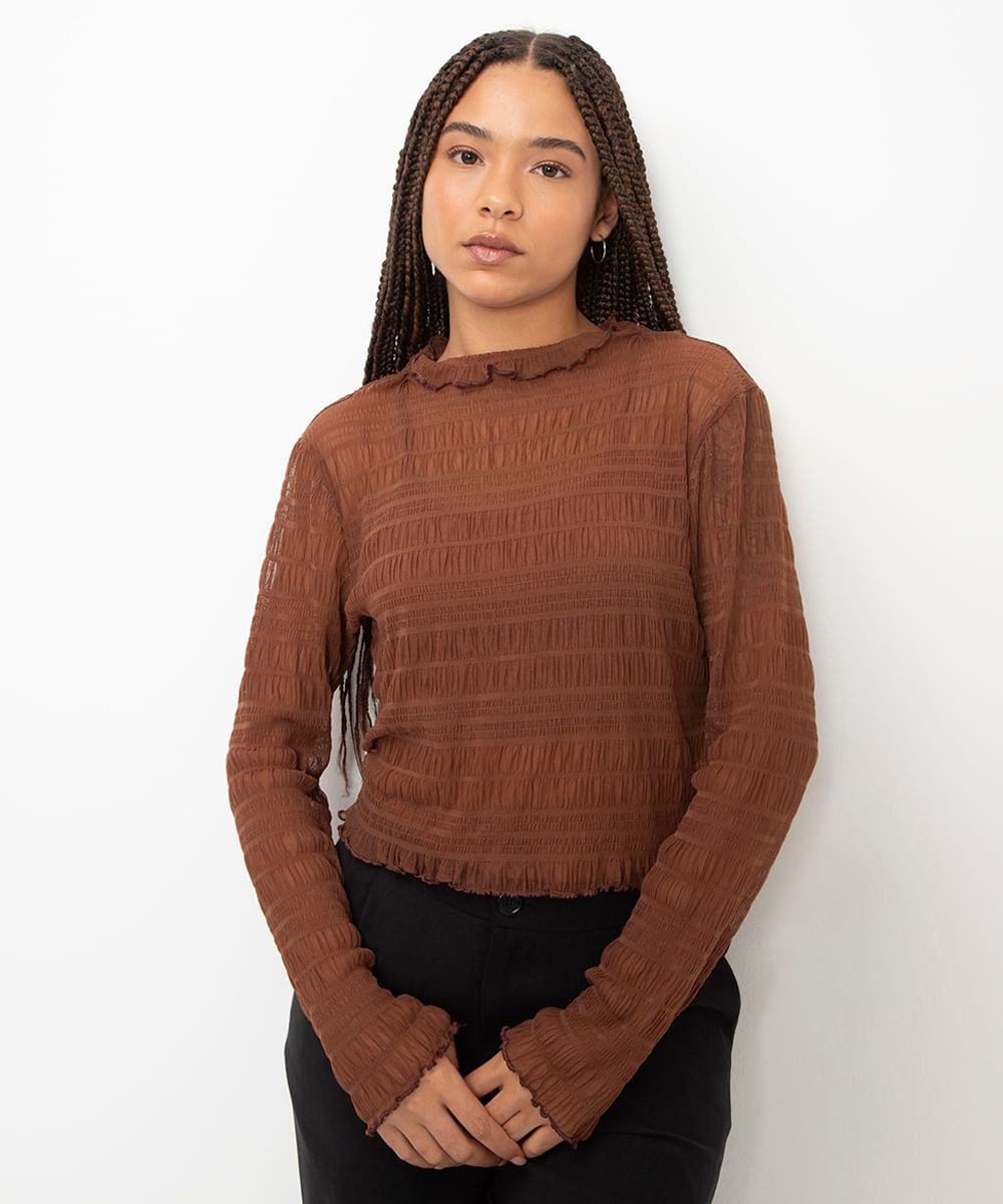 blusa de tule texturizada manga longa marrom