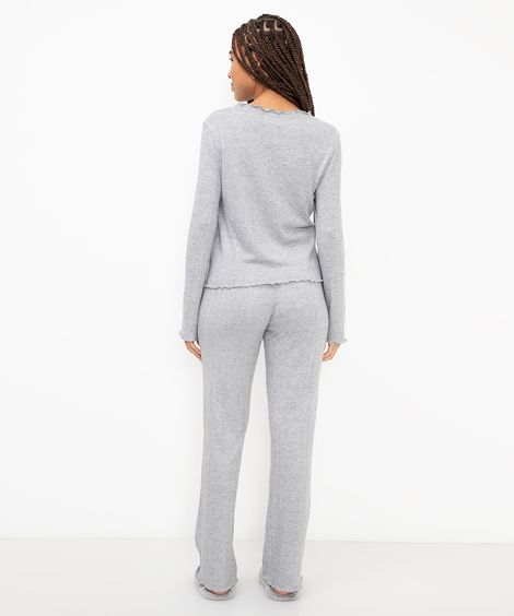 pijama de viscose canelada manga longa cinza mescla
