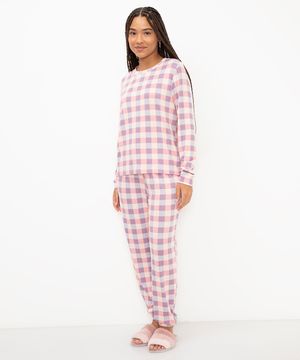 pijama de tricot xadrez manga longa rosa