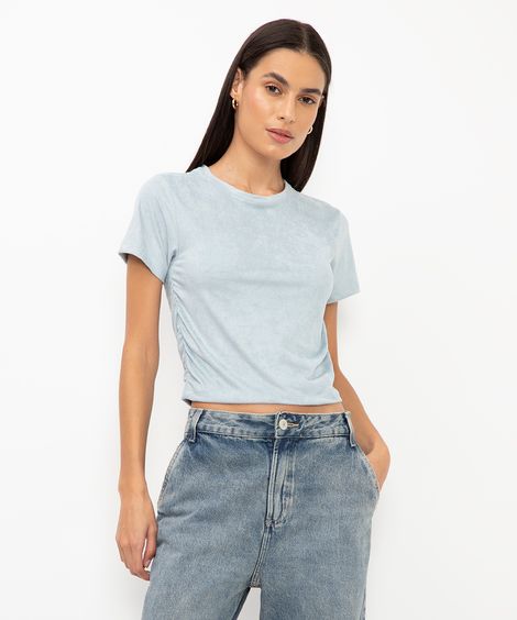 cropped de suede franzido azul claro