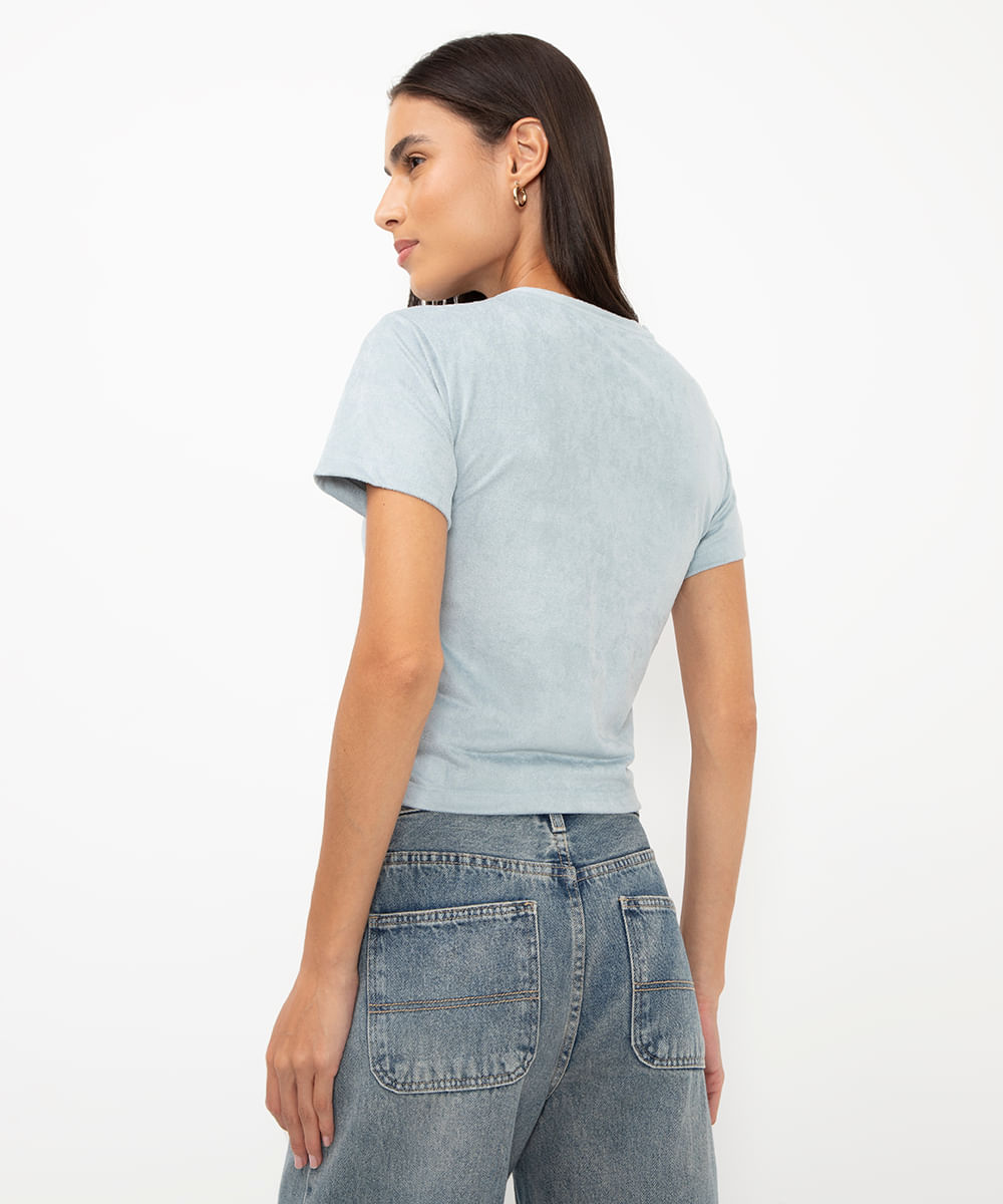 cropped de suede franzido azul claro