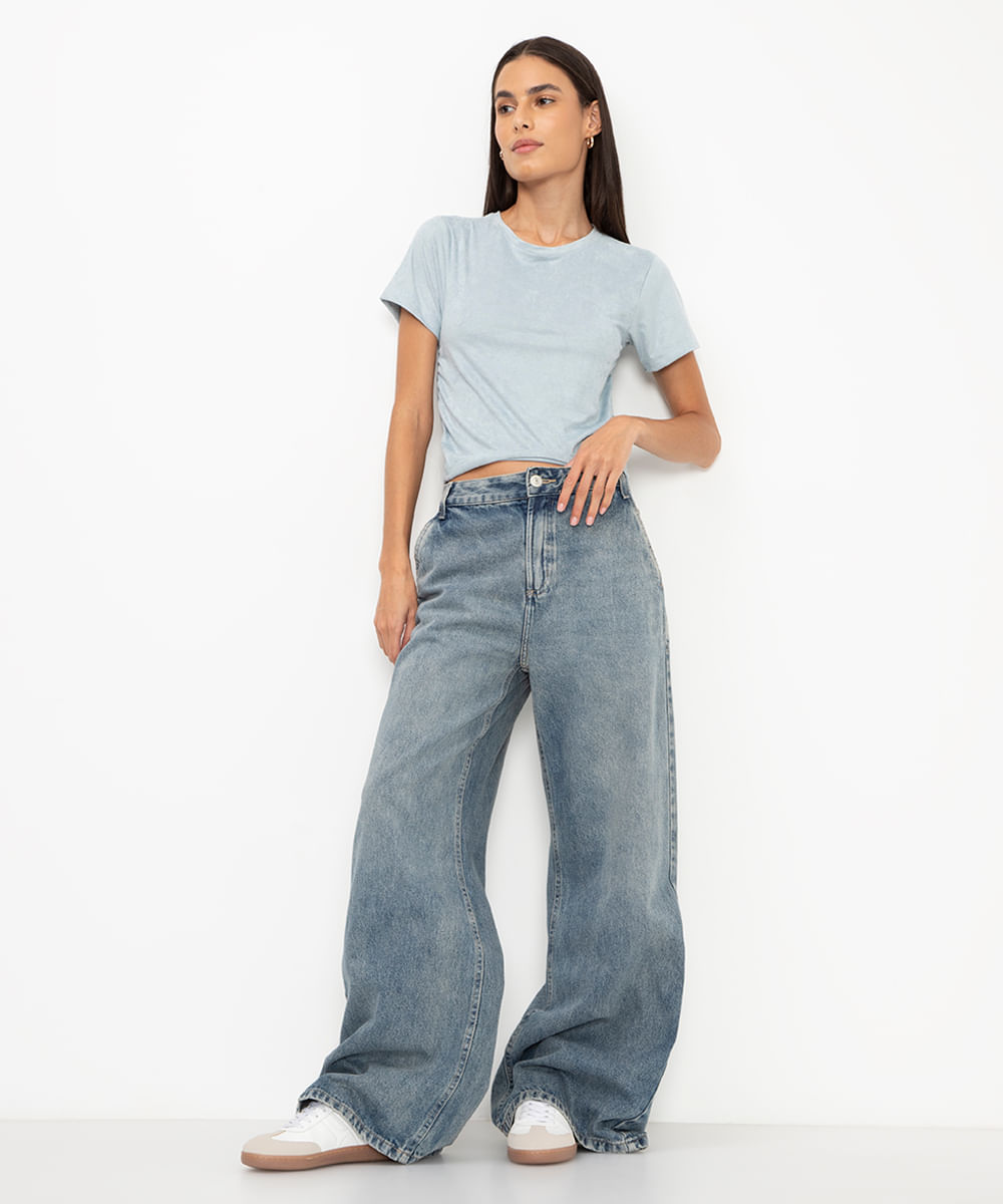cropped de suede franzido azul claro