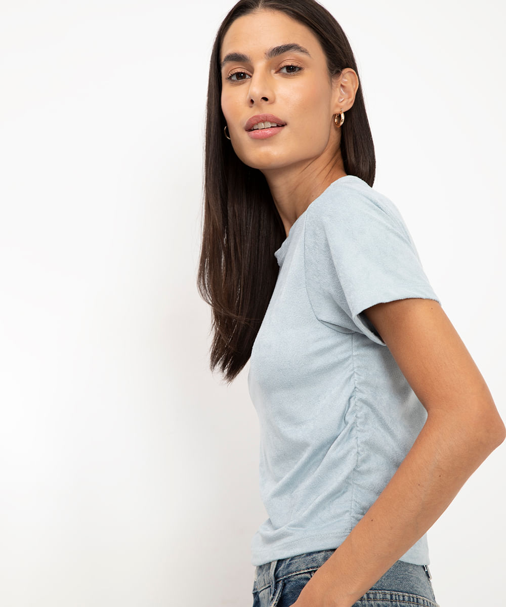 cropped de suede franzido azul claro