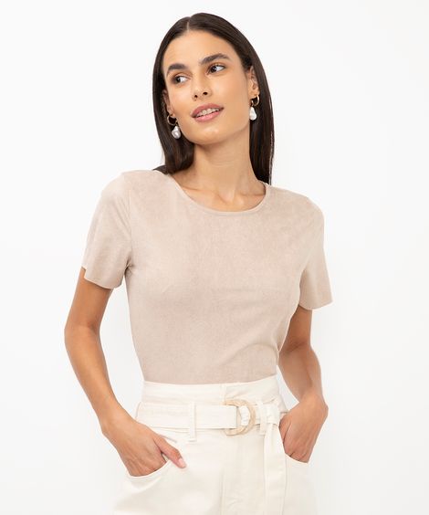 cropped de suede manga curta nude - cinza claro